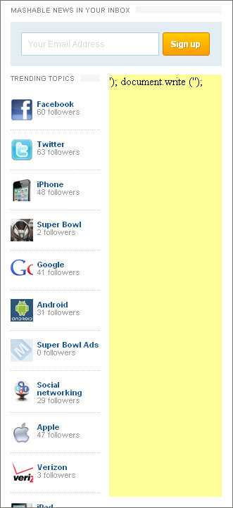 Broken JavaScript in Mashable ad banner.