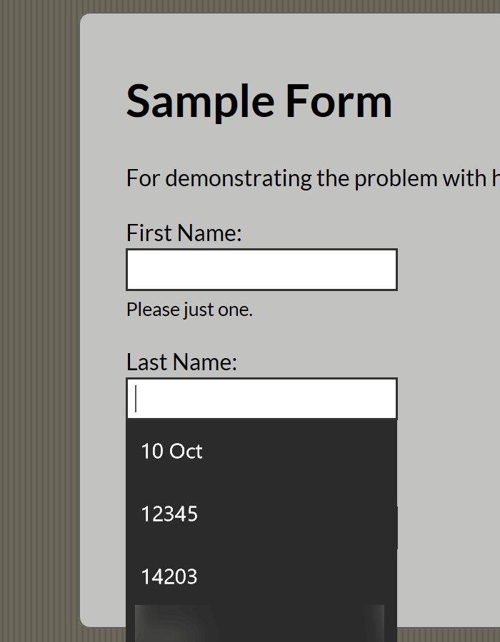 Screen shot from Edge showing auto-complete on the third field.
