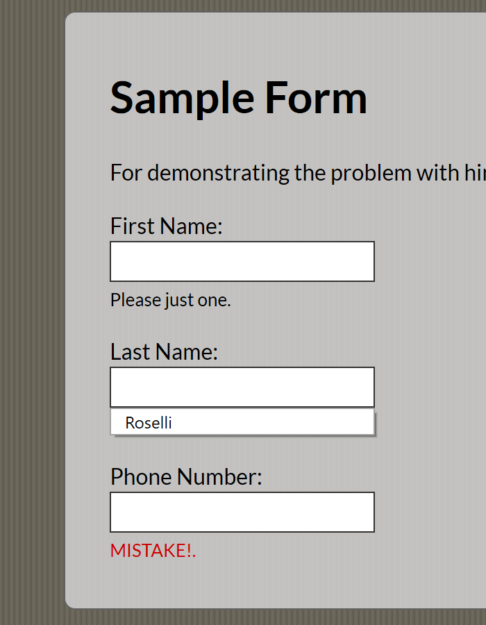 Screen shot from Firefox showing auto-complete on the second field.