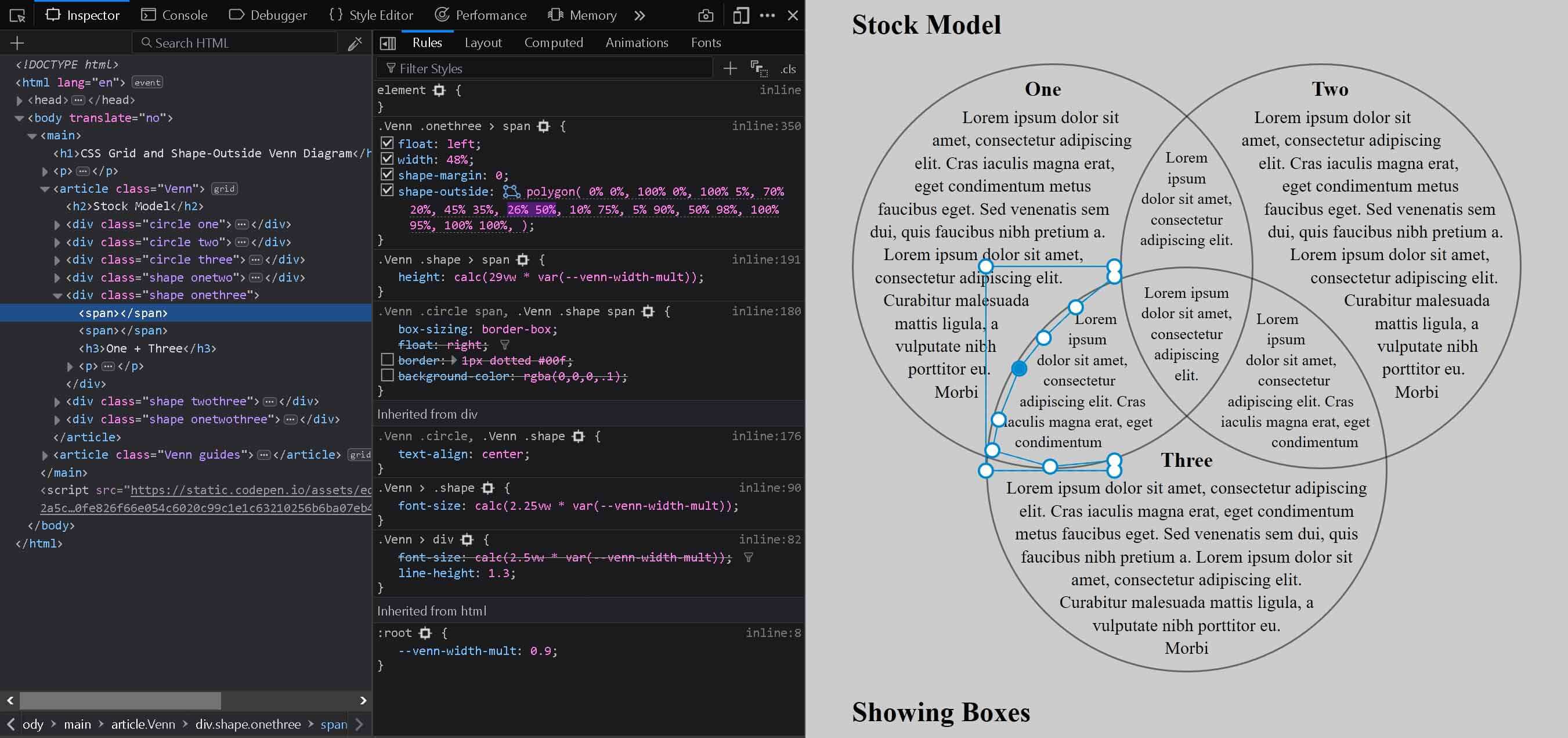Firefox developers tools shape editor showing shape edge and handles for left side of container.