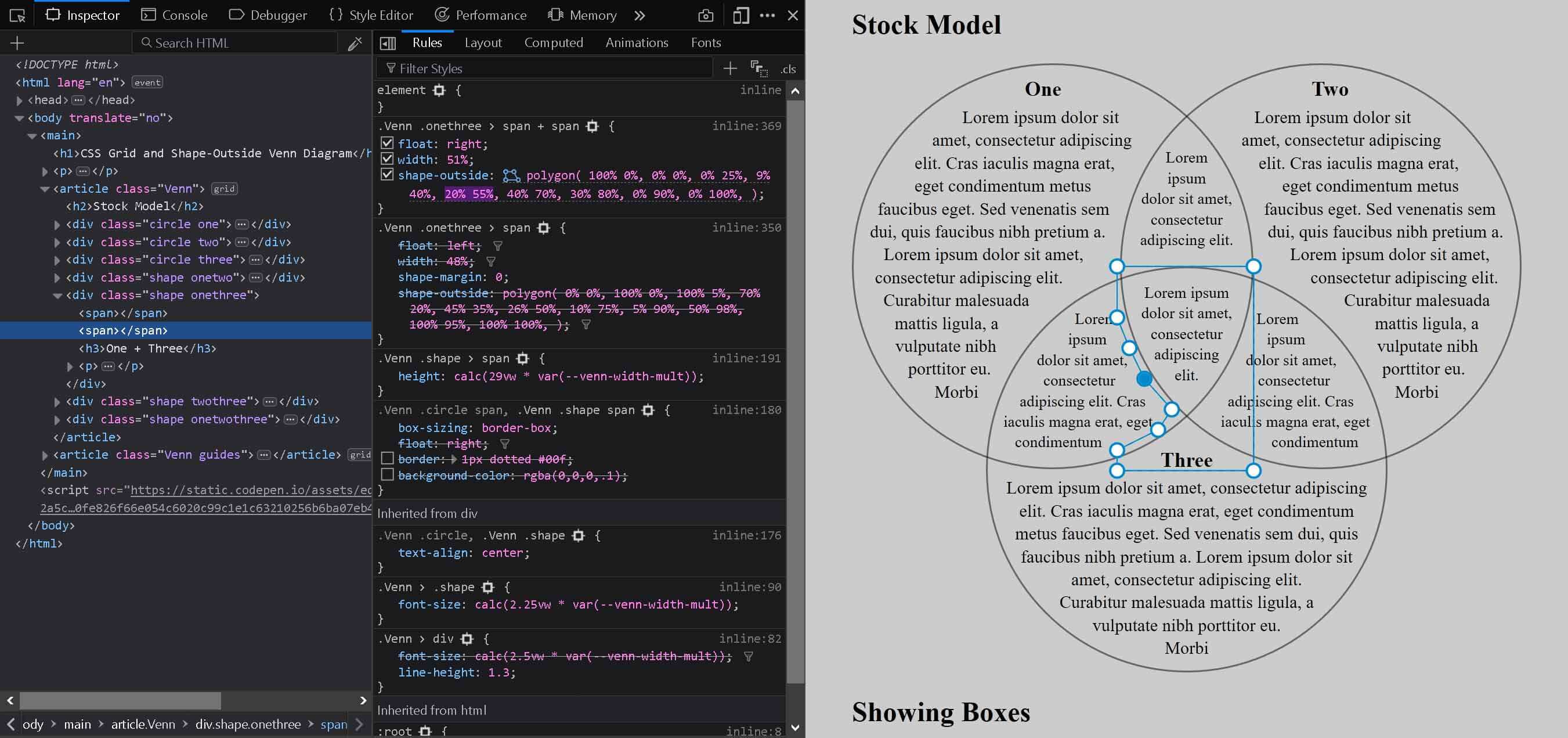 Firefox developers tools shape editor showing shape edge and handles for right side of container.