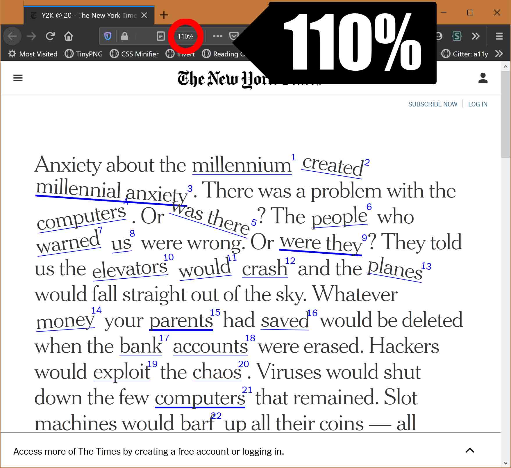 At 110% zoom; about seven words fit per line.