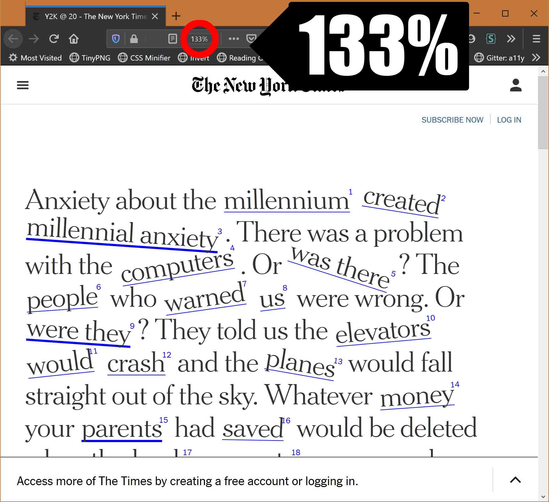 At 133% zoom; about six words fit per line.