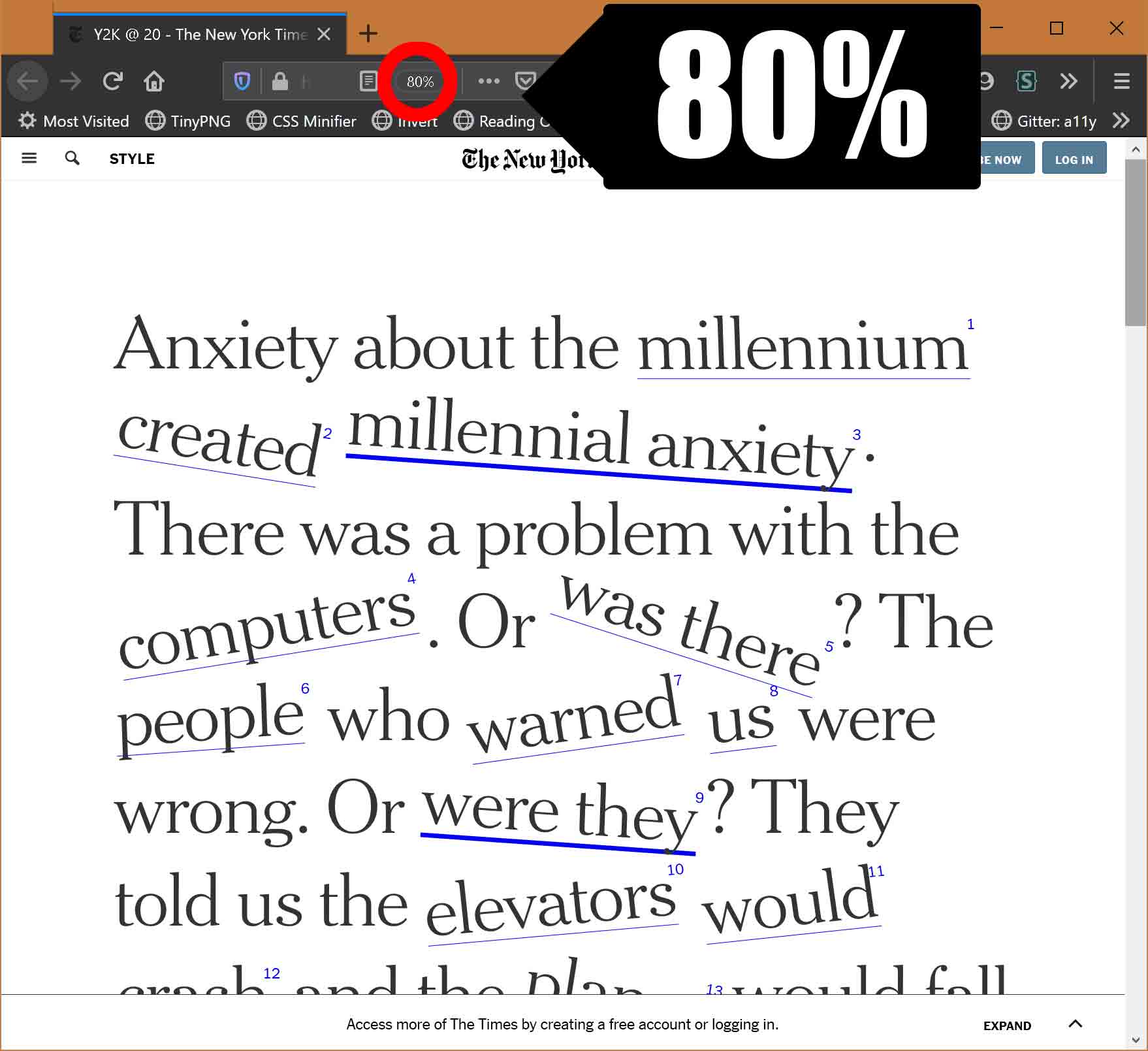 At 80% zoom; about five words fit per line.